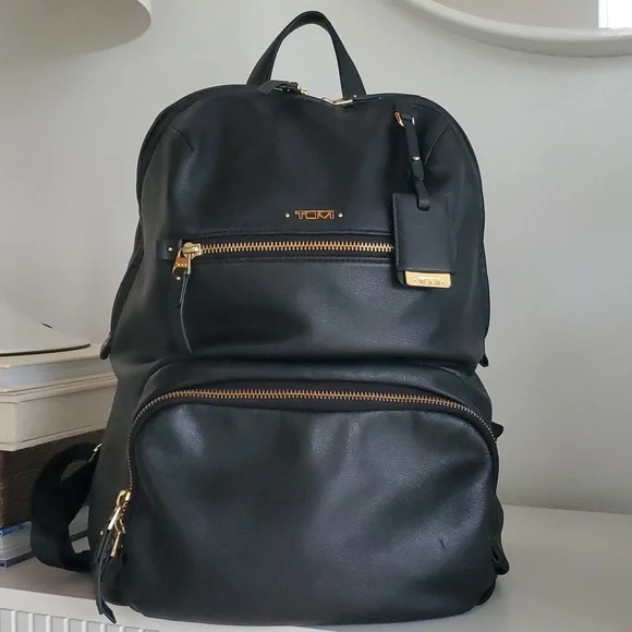 Tumi Voyageur Halle Black Leather Backpack with Gold Hardware