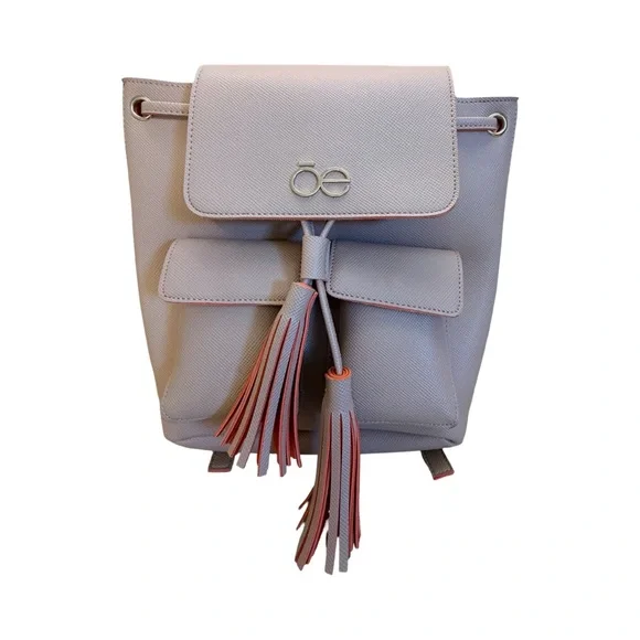 Ōe Mini Backpack Gray Faux Leather Tassel Drawstring‎ Top Flap Pockets