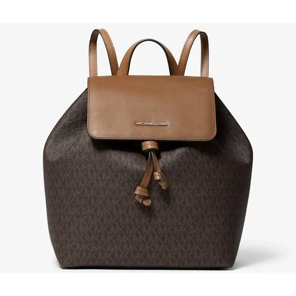 Preloved Michael Kors Junie Leather Medium Backpack‎ Tan Brown Monogram SEE PICS