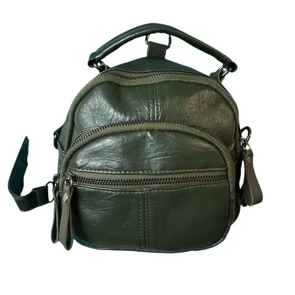 Mini Green Backpack Crossbody Convertible Bag Multi Pocket Faux Leather