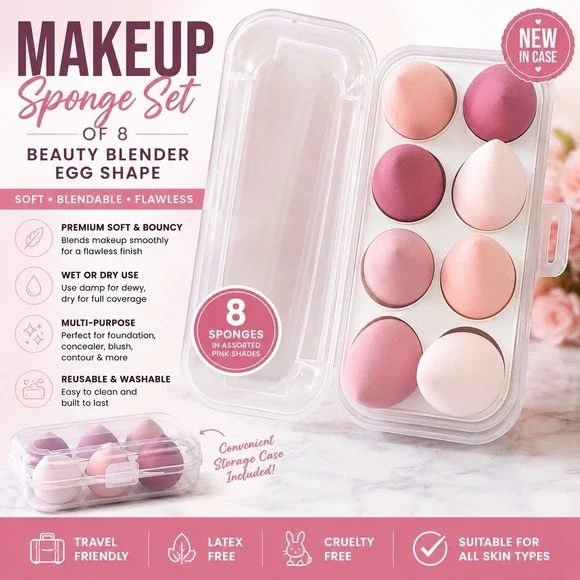 Beauty Sponge Blender Set of 8 in Clear Organizer Egg Shape NWT