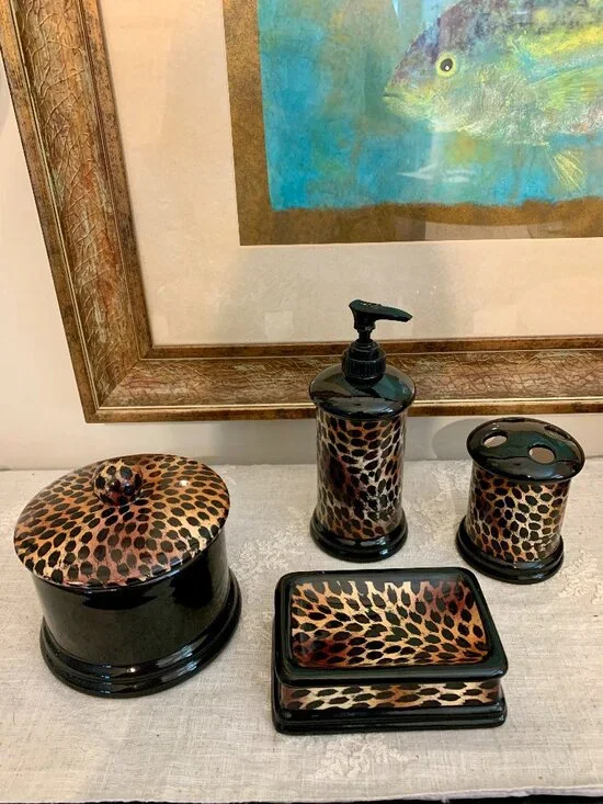 Leopard Print 4 Pc Bathroom Accessories Vintage Indian Ink Hand Painted Ceramic