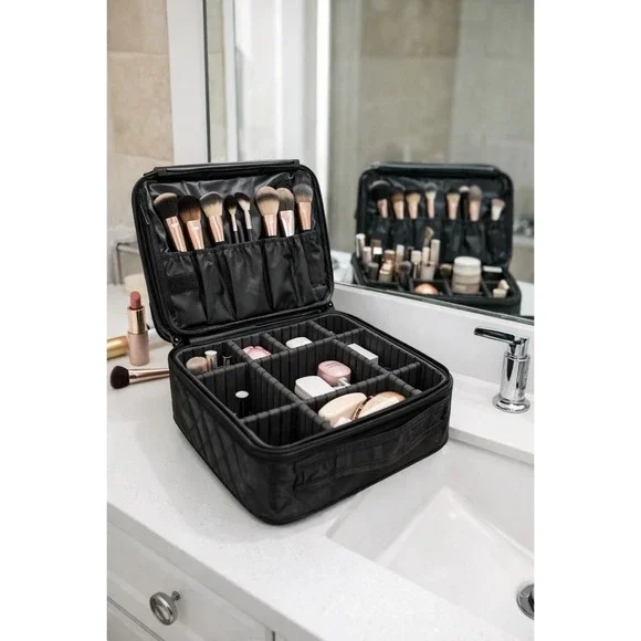 Makeup Train Case Organizer Black Travel Cosmetic Bag Adjustable Dividers‎