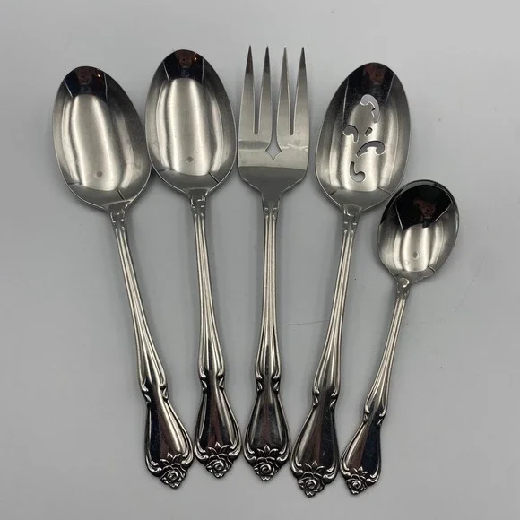 Oneida 1881 Rogers Arbor Rose True Rose Stainless Serving Set 5pc Hostess Fork