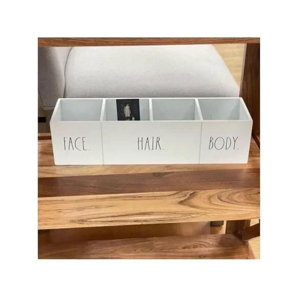 NWT Rae dunn Gorgeous White Wood Black face hair body 4 Compartments organizer
