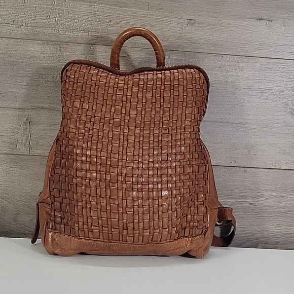 Vilenca Holland for Anthropologie Cognac Brown Woven Leather Backpack