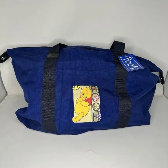 Vintage Winnie the Pooh Duffle Bag Blue Nylon Disney Travel Gym Weekend Tote