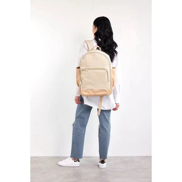 BEIS 'The Backpack' Carry on travel backpack in beige canvas and leather