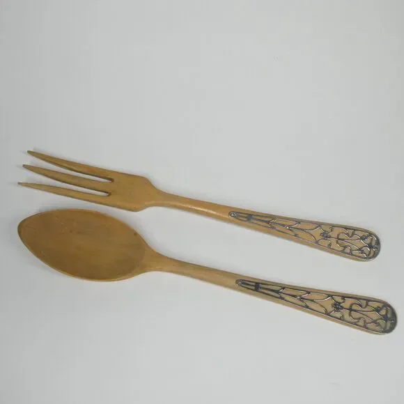 Wooden Salad Serving Set Fork & Spoon Silver Overlay Filigree Handle Vintage MCM