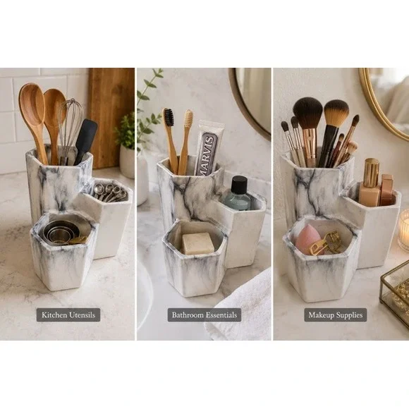 Marble Pattern Resin Hexagon Organizer Tiered Makeup Brush Holder Vanity Decor