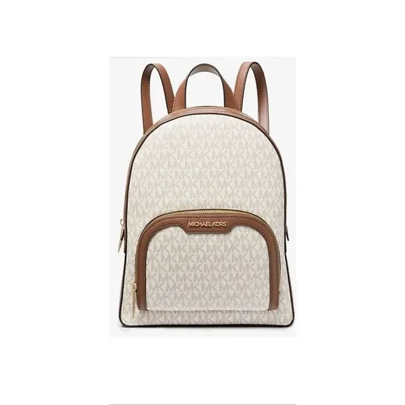 Michael Kors Jaycee Medium Zip Pocket Backpack Bag Tote Vanilla Logo Leather NWT