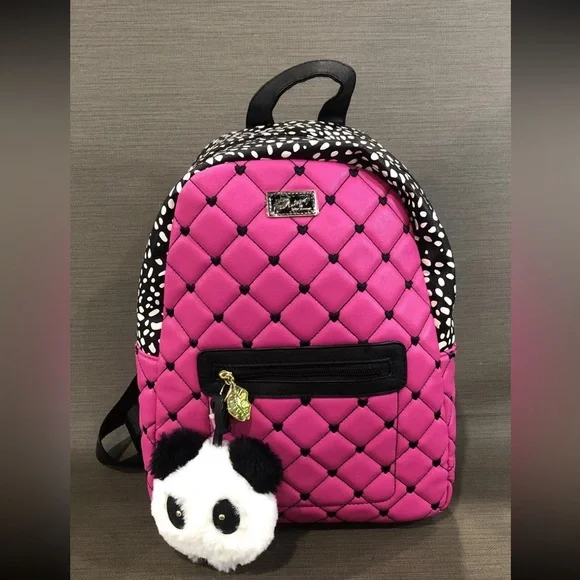 NWOT Betsey Johnson Fuchsia Quilted Backpack w/Heart Charm and Panda