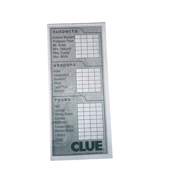 Vintage 2002 Clue Suspect Sheets Double Sided 12 Sheets Parts Parker Brothers