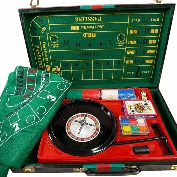 Vintage Casino Game Set/Case Roulette Craps Poker Chips Cards Baccarat Flawed