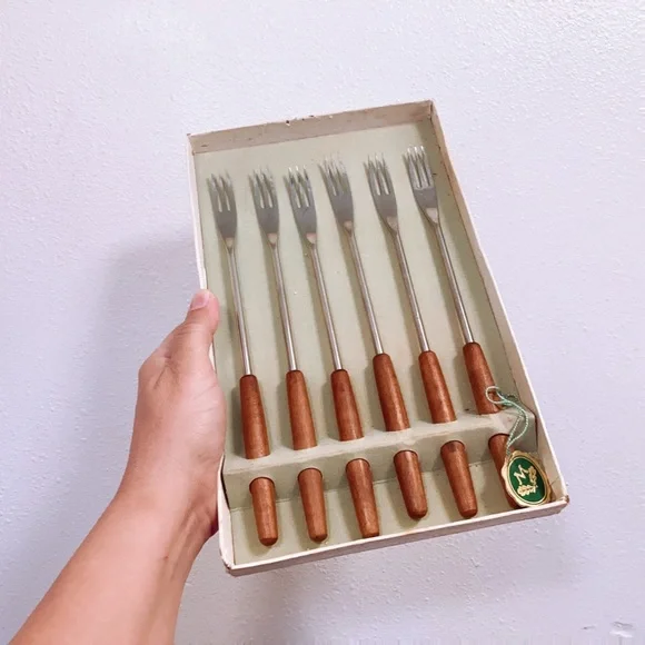 Mid-Century Modern Stainless Wood Handle Germany Fondue Forks Utensils