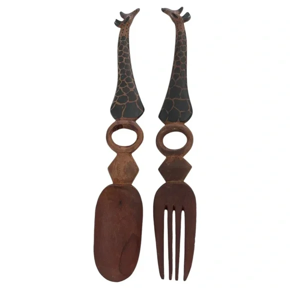 Giraffe Wood Salad Spoon Fork Toss Serving Set Hand Carved Utensils African 13”