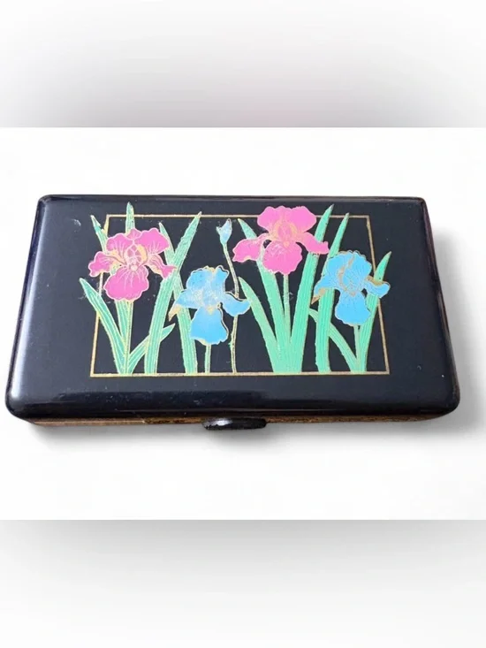 Vintage 1980s Black Lacquer Iris Flower Lipstick Case Travel Mirror Compact