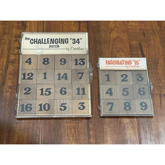 Lot of (2) Vintage Crestline Wooden Fascinating 15 & Challenging 34 Game Puzzles