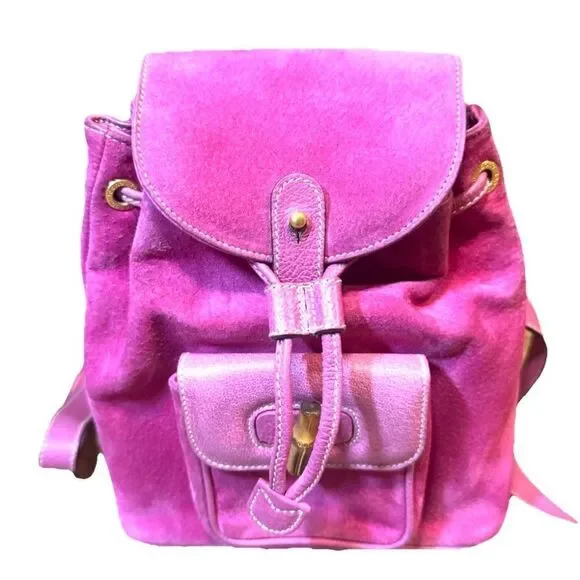 GUCCI Vintage Fuchsia Pink Suede Leather Mini Bamboo Backpack Napsack Auth