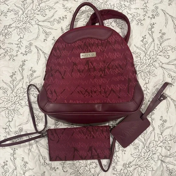 Mary Kay Backpack Purse Maroon Travel Tote W/ Zippered Pockets + Wallet
