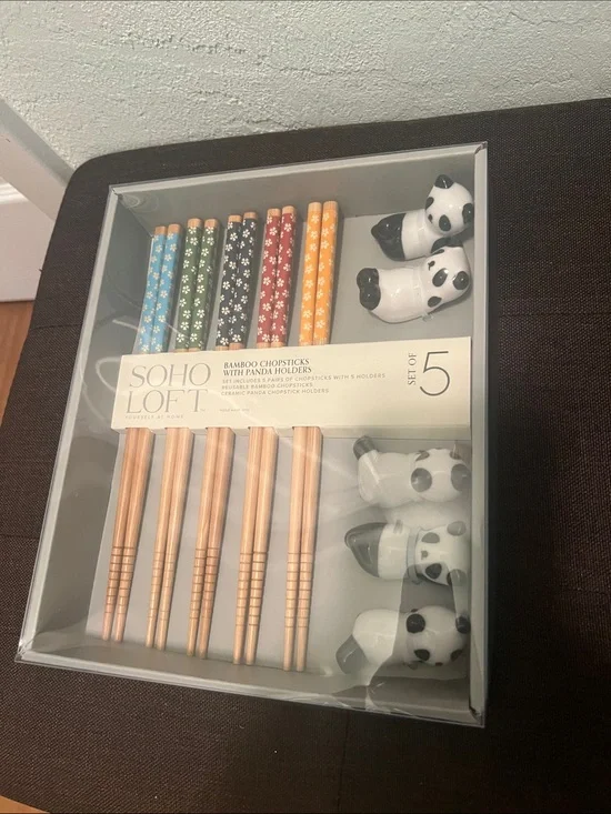 #2315*Soho Loft Bamboo Chopsticks Set W/Panda Holders - Colorful Floral Handles