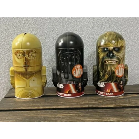 Coin Bank Star Wars with Arms - Tin Set Of 3, C-3PO, Dark Vader, Chewbacca
