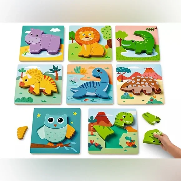 🌸 Kids Colorful Wooden Animal Puzzle Set Dinosaur Lion Alligator Owl Hippo