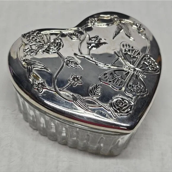 Vintage Silver Plated Butterfly Floral Lid Heart Shaped Glass Trinket Box