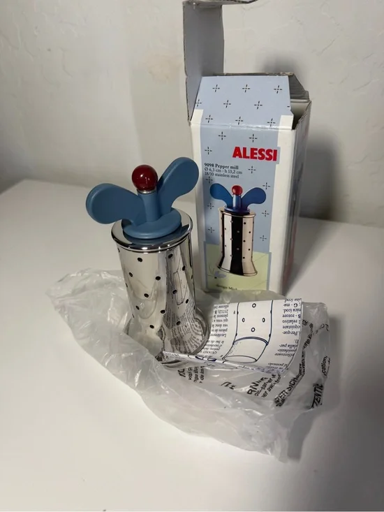 Alessi Stainless Steel Pepper Mill with Blue Wings and Red Knob NIB