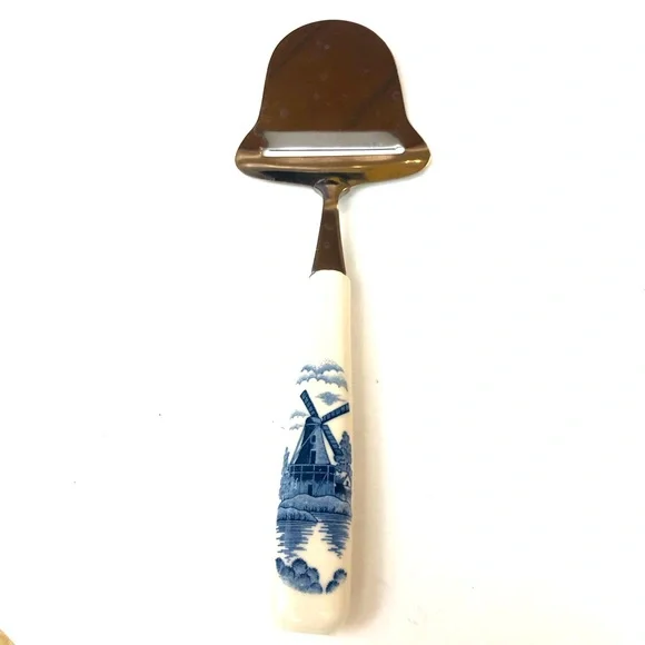 Vintage Elesva Cheese Cutter/Slicer Stainless Knife Blue Windmill Ceramic Handle
