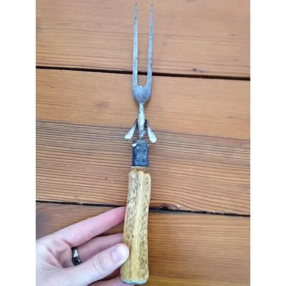 Vintage Antique Cast Metal Serving Carving Fork Natural Bone Antler Handle