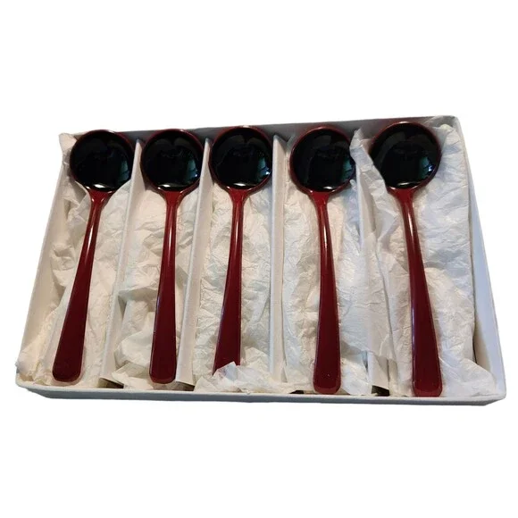 Set of 5 Japanese Sugar Spoons Vermilion and Black Plastic 4 1/2