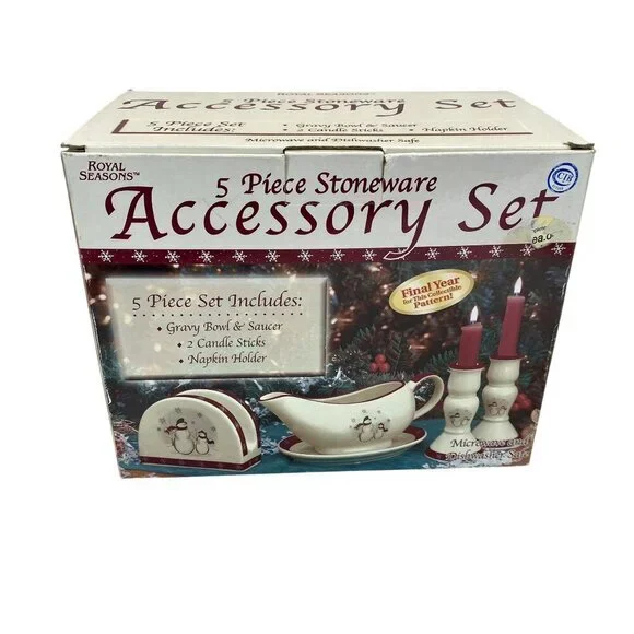 Royal Seasons 5 Piece Stoneware Gravy Bowl Saucer Candle Sticks Christmas Table