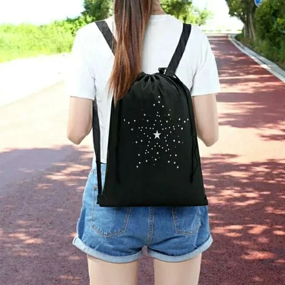 New Black Nylon Drawstring Backpack W/Stars