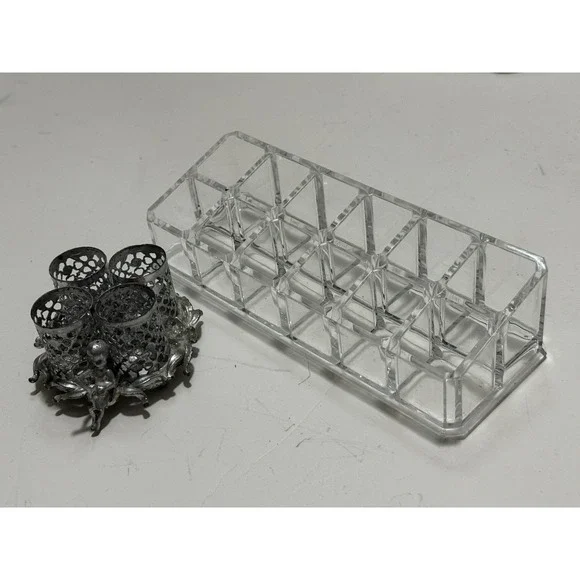 Lot Of 2 VTG Silver Metal Filigree 3 Lipstick Holder + Clear Cosmetics Organizer