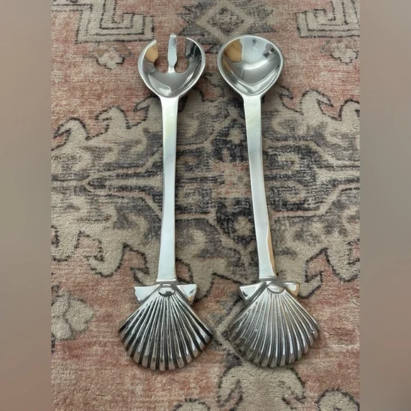 Silver Alloy Metal Coastal Grandma Chic Seashell Salad Serving Utensils