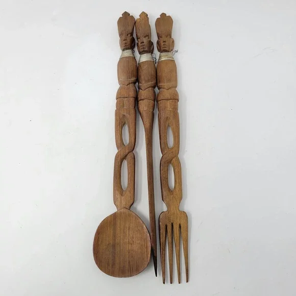 Hand‎ Carved Wood Tribal Figural Spoon Fork Server Set Rustic Decor 15
