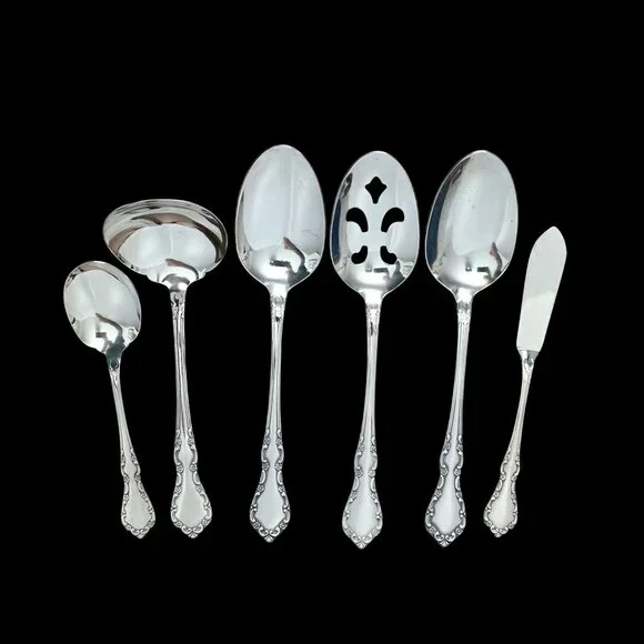 VTG Oneida Mansion Hall 6 Pc Serving Set Gravy Ladle Spoons Sugar Knife Floral
