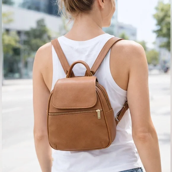 Paul & Taylor Genuine Leather Mini Backpack Tan Convertible Bag Soft Leather USA