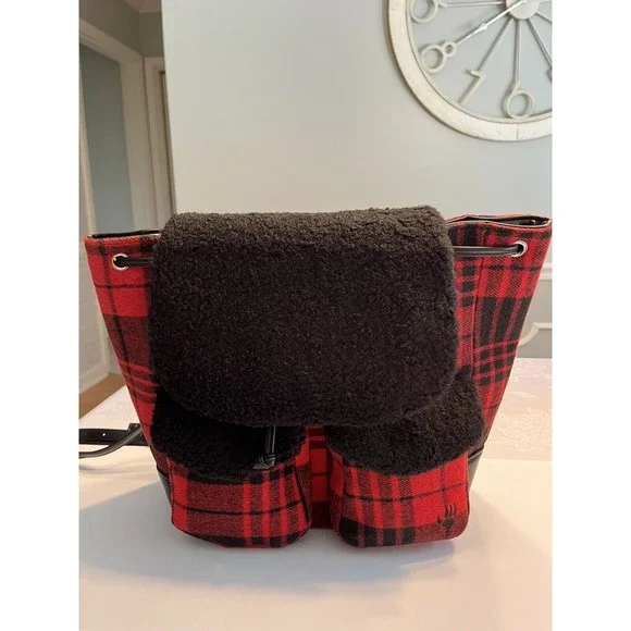 BEARPAW Faux Shearling Trim Drawstring Backpack, Red and Black Buffalo Plaid