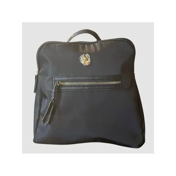Gloria Vanderbilt Black Nylon Minimalist Gold Swan Mini Backpack Bag Purse NWT