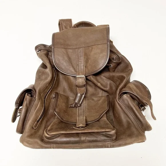 Vintage 90s Y2K Leather Multi Pocketed Buckle Closure School Style Backpack