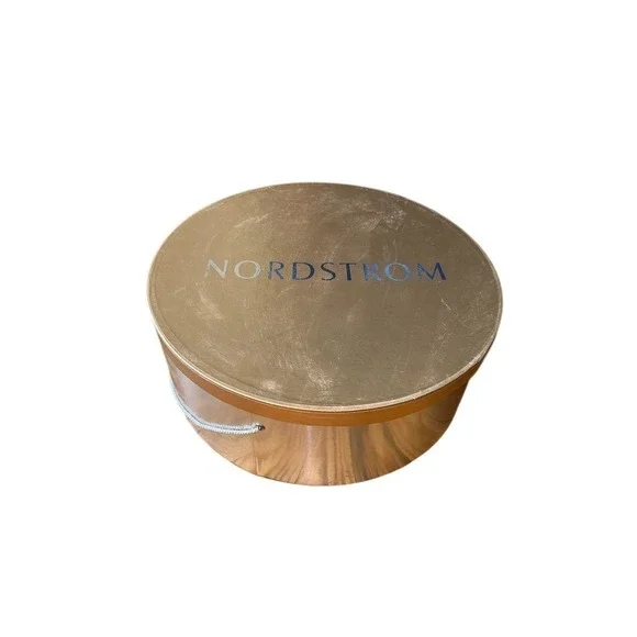 Vintage Nordstrom Round Hat Box Storage Box Gold Lid Silver Body 18in metallic