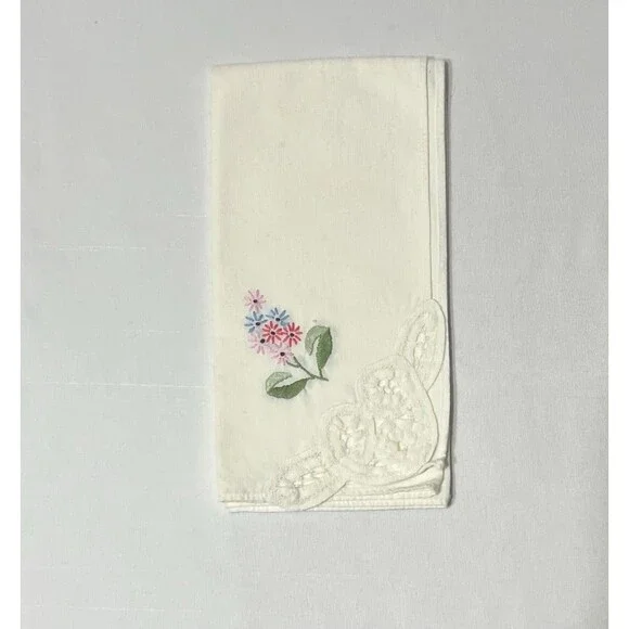 Vintage Hanky Handkerchief Dollie Floral Embroidery Lace Grandma Handmade LN