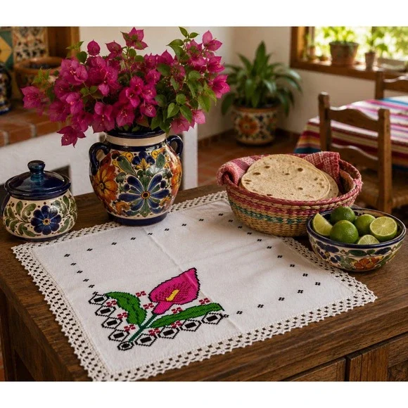 Vintage Cross Stitch Calla Lily Table Topper White Crochet Lace Border 22x21
