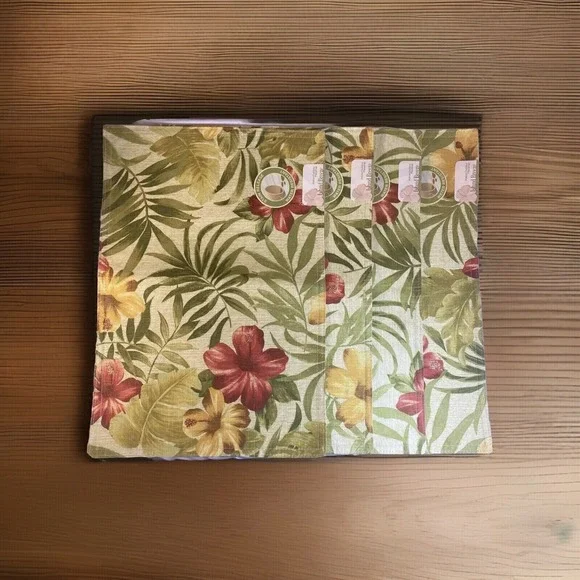 4 Vtg Floral Fauna Placemats Indoor Outdoor Island Breeze Hibiscus Red Green NOS