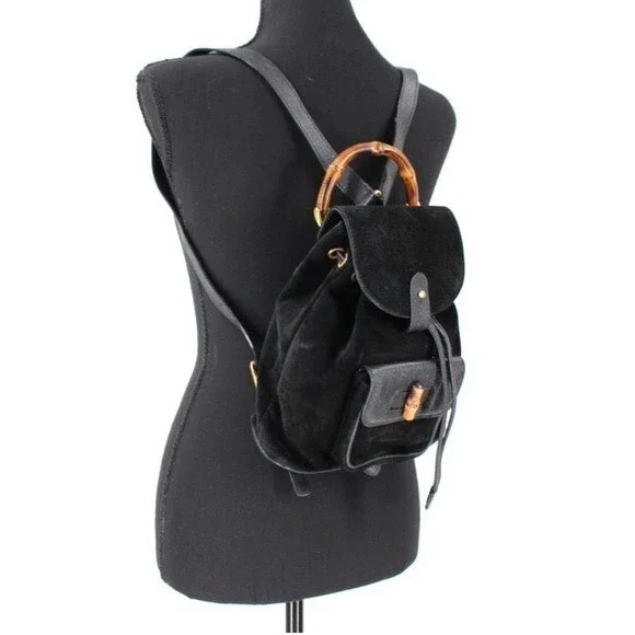GUCCI Black‎ Leather Suede Bamboo Mini Backpack Adjustable Strap Handbag Purse
