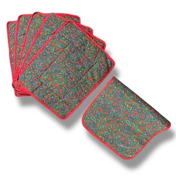 VTG Lands' End Coming Home‎ Red & Green Paisley Placemats & Table Runner 6pc Set