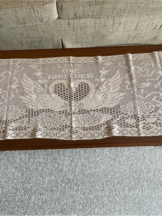 Handmade Crochet Table Runner - Cream Heart & Swan Design “Love One Another”