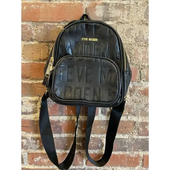 Steve Madden Mini Backpack Purse Black Embossed Leather Logo